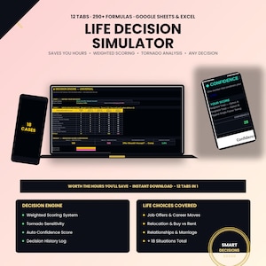 May include: A digital life decision simulator tool for Google Sheets and Excel featuring 12 tabs and 290+ formulas. The display shows a decision engine interface, a confidence score mobile view, and a list of 18 cases including career and life choices.