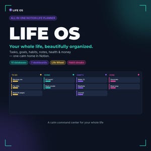May include: A digital Notion life planner template titled LIFE OS. The interface features a dark background with white text, including sections for tasks, goals, habits, notes, health, and money. It displays 10 databases, 7 dashboards, a Life Wheel, and habit streaks with a kanban-style board showing columns for To Do, Doing, Habits, and Done.