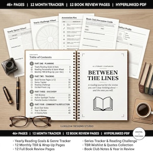 May include: A spiral-bound reading journal titled Between The Lines with a table of contents page and a title page. The set includes loose-leaf pages for yearly tracking, book reviews, and author profiles, alongside a fountain pen and glasses.