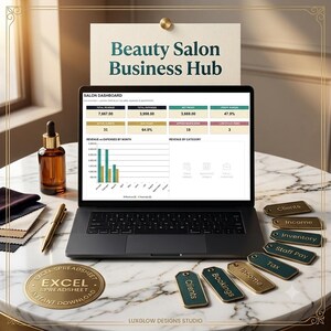 May include: A laptop displaying a Beauty Salon Business Hub dashboard with revenue and expense metrics. Beside it are a gold pen, a brown glass bottle, fabric swatches, and several small rectangular tags labeled Clients, Income, Inventory, Staff Pay, Tax, and Bookings.