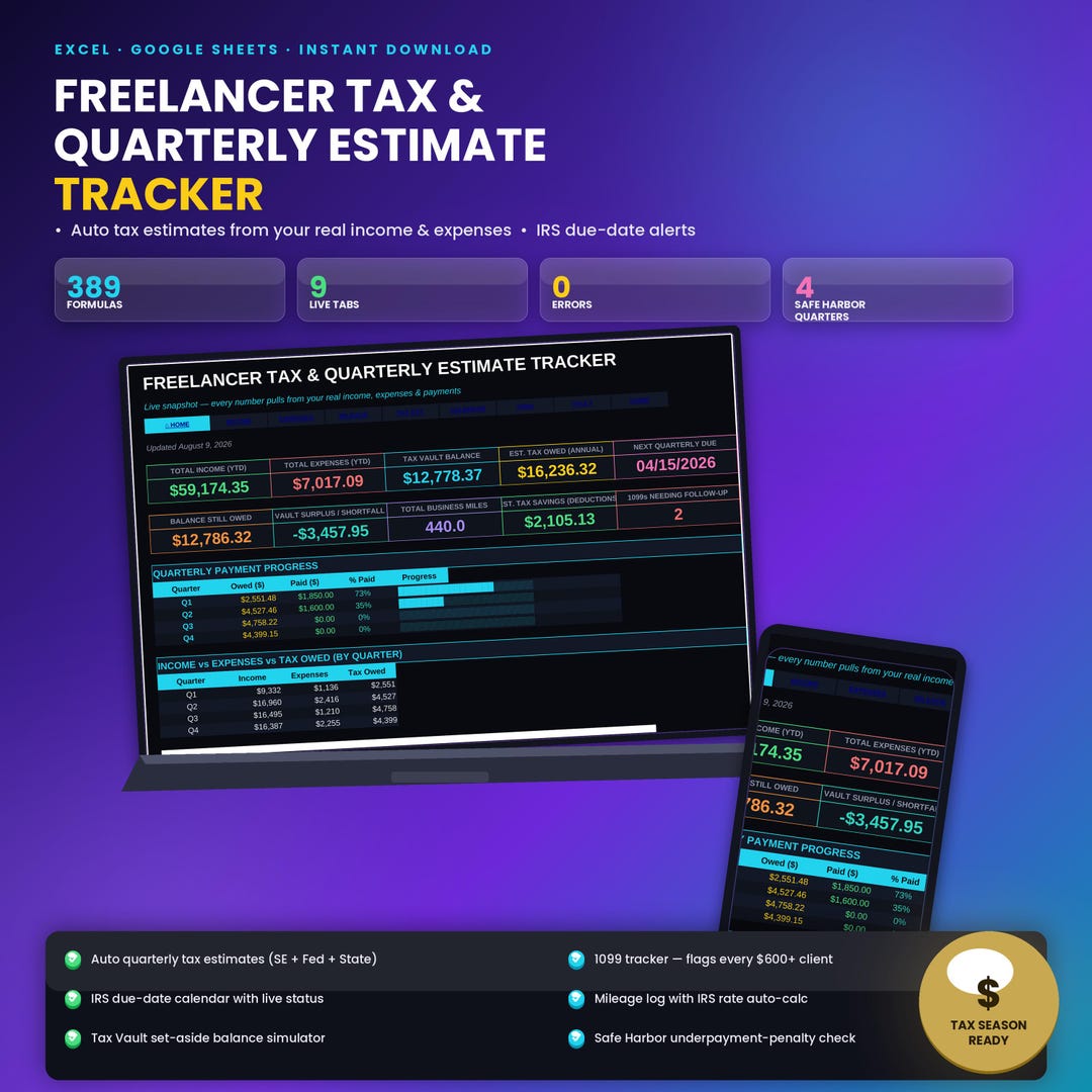 Freelancer Tax Tracker, Quarterly Estimate Calculator, 1099 Spreadsheet ...