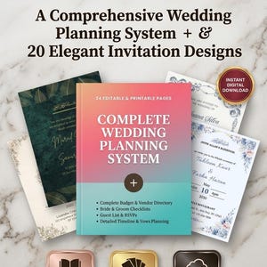 Paquete imprimible para planificador de bodas: 20 plantillas de invitaciones (Nikah musulmán, no musulmán), lista de verificación editable para planificación de bodas (Canva), presupuesto y lista de invitados.