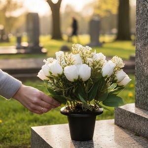 Puede incluir: Un jarrón negro lleno de rosas blancas y vegetación descansa sobre una lápida en un cementerio. Se ve una mano tocando el arreglo. En el fondo se ven otras lápidas y árboles.