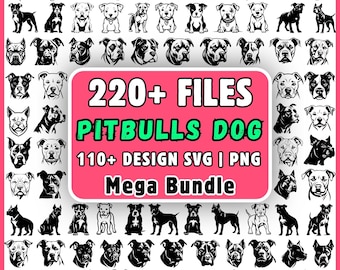ピットブルSVGバンドル220ファイル、ピットブル犬クリップアートPNG、Cricut用ピットブル顔SVGデザイン、犬種ベクターメガバンドル、ピットブルpng svg、