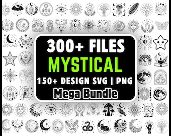 神秘的なSVGバンドル、300以上の天体SVG PNGファイル、タロットカードSVG、月と太陽のSVG、魔女風SVGバンドル、Cricutカットファイル、ボヘミアン神秘的なクリップアート、