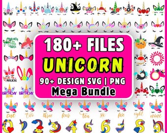 Unicorn SVG Bundle 180 Files, Unicorn Face Clipart PNG, Birthday Unicorn SVG Design for Cricut, Girl Vector Mega Bundle,