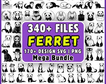 フェレットSVGバンドル340ファイル、かわいいフェレットクリップアートPNG、Cricut用フェレット顔SVGデザイン、ペットフェレットベクターメガバンドル