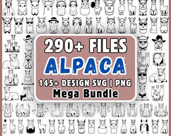 アルパカSVGバンドル290ファイル、かわいいアルパカクリップアートPNG、Cricut用ラマSVGデザイン、ベビーアルパカベクターメガバンドル、デジタルダウンロード