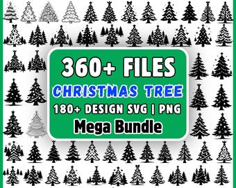クリスマスツリーSVGバンドル360ファイル、ホリデーツリークリップアートPNG、Cricut用クリスマスツリーSVGデザイン、ウィンターベクターメガバンドル