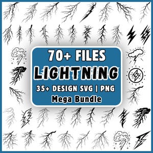 Puede incluir: Una colección digital de más de 70 ilustraciones de rayos en blanco y negro en formatos SVG y PNG. La etiqueta rectangular azul central presenta el texto blanco 70+ FILES LIGHTNING 35+ DESIGN SVG | PNG Mega Bundle.
