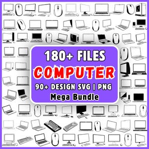May include: A digital collection of computer-themed graphics featuring over 180 files including SVG and PNG formats. The central purple label displays the text 180+ FILES COMPUTER 90+ DESIGN SVG | PNG Mega Bundle surrounded by various black and white line art icons of laptops, desktop monitors, computer mice, and keyboards.