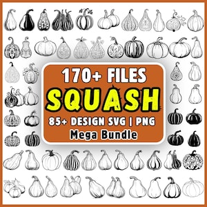 Könnte beinhalten: Eine digitale Sammlung von schwarz-weißen Strichzeichnungen, die verschiedene Kürbisformen darstellen. Die zentrale orangefarbene rechteckige Grafik zeigt den Text 170+ FILES SQUASH 85+ DESIGN SVG | PNG Mega Bundle in fetter schwarzer und gelber Schrift.