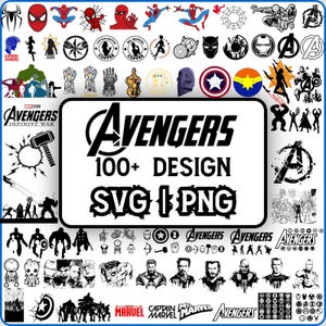 Peut inclure: Une collection de motifs sur le thème des Avengers Marvel en noir et blanc. L'image comprend divers logos de super-héros, des illustrations de personnages et le texte "AVENGERS 100+ DESIGN SVG | PNG".