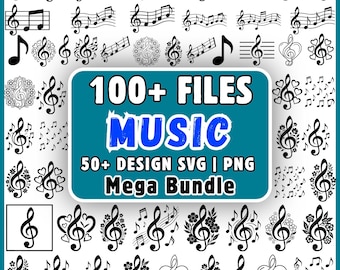 音符SVGバンドル100ファイル、ト音記号クリップアートPNG、Cricut用音楽記号SVGデザイン、ミュージシャンベクターメガバンドル、