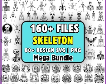 Skelet SVG-bundel, 160+ skelet svg png-bestanden, Halloween skelet SVG, schedel SVG, grappige skelet clipart, Cricut gesneden bestanden, silhouet,
