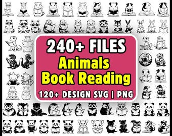 Dieren lezen boek SVG-bundel, 240+ schattige dieren svg png, lezing dierlijke clipart, boekenliefhebber SVG, leraar SVG, Cricut gesneden bestanden, silhouet