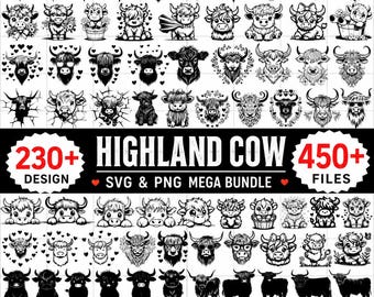 ハイランド牛SVGバンドル、花柄牛SVG、牛PNG、子牛SVG、牛クリップアート、SVG、PNG、インスタントダウンロードSVG、かわいい牛SVG、230の農場動物
