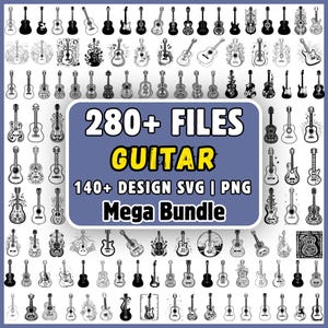 Peut inclure: Une collection numérique de plus de 280 illustrations de guitares en noir et blanc aux formats SVG et PNG. Le texte central indique 280+ FILES GUITAR 140+ DESIGN SVG | PNG Mega Bundle, entouré d'une grille de divers modèles de guitares.