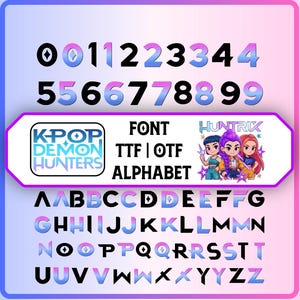 Kpop Demon Hunters-typsnitt TTF OTF, Kpop Demon Hunter-alfabetet SVG Png, Huntrix Anime-typsnitt, digital nedladdning av typsnitt