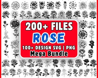 バラのSVGバンドル200ファイル、バラの花のクリップアートPNG、バラのシルエットSVG、Cricut用フローラルデザイン、バラの花束ベクターメガバンドル、