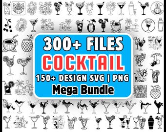 カクテルSVGバンドル300ファイル、トロピカルドリンククリップアートpng、マルガリータSVGデザイン、Cricut用サマーバーカートSVG、カクテルベクターMegバンドル