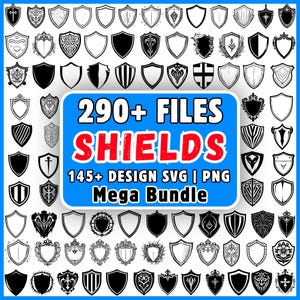 Puede incluir: Una colección digital de más de 290 iconos de escudos en blanco y negro, con diversas formas heráldicas, patrones ornamentados y diseños sólidos. El gráfico rectangular azul central muestra el texto 290+ FILES SHIELDS 145+ DESIGN SVG | PNG Mega Bundle.