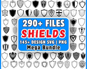 シールドSVGバンドル290ファイル、紋章シールドクリップアートPNG、Cricut用中世シールドデザイン、クレストベクターメガバンドル