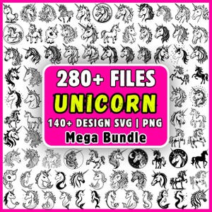 Peut inclure: Une collection numérique de plus de 280 fichiers graphiques de licornes aux formats SVG et PNG, présentant une variété d'illustrations au trait noir et blanc de licornes dans différentes poses, styles et compositions autour d'une étiquette rose.