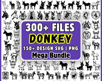 ロバのSVGバンドル300ファイル、かわいいロバのクリップアートPNG、Cricut用ロバの顔のSVGデザイン、農場動物ベクターメガバンドル、ロバのPNG SVG