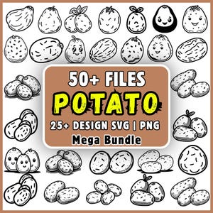 Op de afbeelding: Een digitale collectie van meer dan 50 zwart-wit aardappelillustraties in SVG- en PNG-formaten. Het centrale bruine rechthoekige label bevat de tekst 50+ FILES POTATO 25+ DESIGN SVG | PNG Mega Bundle, omringd door diverse aardappelafbeeldingen.