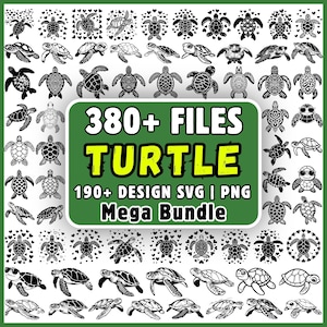 Könnte beinhalten: Eine digitale Sammlung von über 380 schwarz-weißen Schildkrötenillustrationen in verschiedenen Posen und Mustern. Die zentrale grüne rechteckige Grafik enthält den weiß-gelben Text 380+ FILES TURTLE 190+ DESIGN SVG | PNG Mega Bundle.