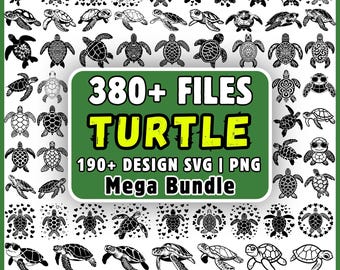 ウミガメSVGバンドル380ファイル、カメのクリップアートPNG、Cricut用マンダラカメSVGデザイン、海洋ベクターメガバンドル、デジタルダウンロード