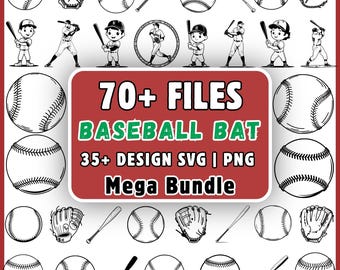 野球SVGバンドル70ファイル、野球バットクリップアートPNG、クリカット用野球選手SVGデザイン、スポーツベクターメガバンドル、