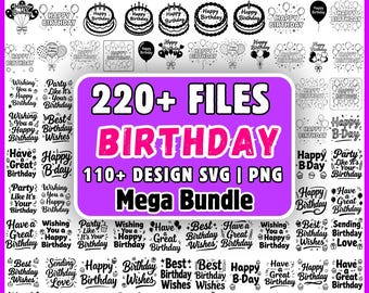 ハッピーバースデーSVGバンドル220ファイル、バースデー引用句svg png、バースデーケーキSVG、バルーンクリップアート、Cricut昇華プリント用バースデーシャツデザイン