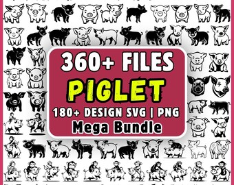 豚のSVGバンドル360ファイル、かわいい子豚のクリップアートPNG、Cricut用の農場動物SVGデザイン、子豚ベクターメガバンドル、