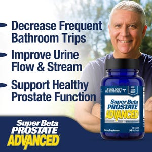 May include: A blue bottle of "Super Beta Prostate Advanced" dietary supplement with a black cap. The label includes text about prostate health and the number of caplets. The image also features a smiling man and text about the product's benefits.