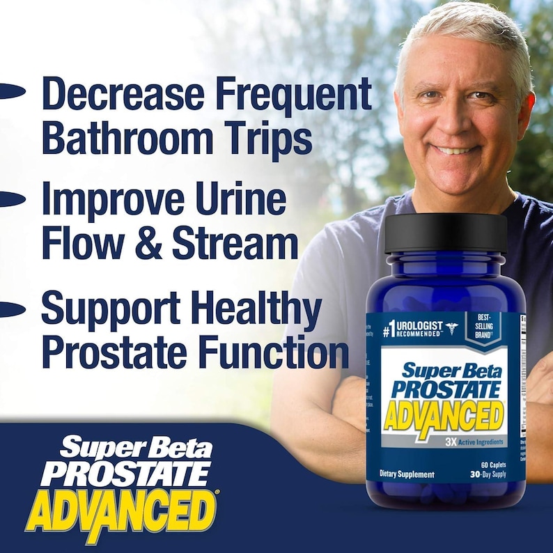 May include: A blue bottle of "Super Beta Prostate Advanced" dietary supplement with a black cap. The label includes text about prostate health and the number of caplets. The image also features a smiling man and text about the product's benefits.