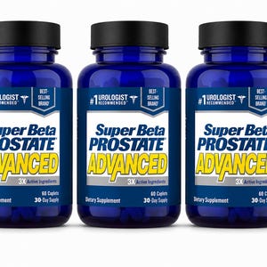 May include: Three blue supplement bottles with black caps. Each bottle has a white label with the text "Super Beta Prostate Advanced" in blue and yellow. The label also includes "#1 Urologist Recommended".