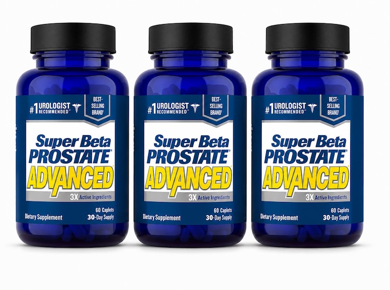 May include: Three blue supplement bottles with black caps. Each bottle has a white label with the text "Super Beta Prostate Advanced" in blue and yellow. The label also includes "#1 Urologist Recommended".