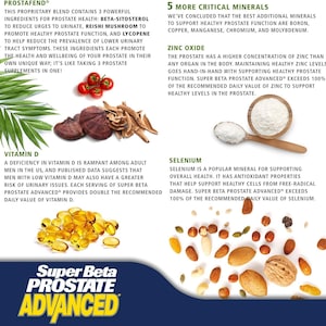 May include: Informative graphic for Super Beta Prostate Advanced supplements. The image highlights key ingredients like Reishi mushroom, Zinc Oxide, and Vitamin D, with text detailing their benefits for prostate health.