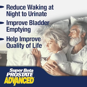 May include: Image features a couple sleeping in bed, with text overlayed. The text highlights benefits: Reduce Waking at Night to Urinate, Improve Bladder Emptying, and Help Improve Quality of Life. The product name "Super Beta Prostate Advanced" is also displayed.