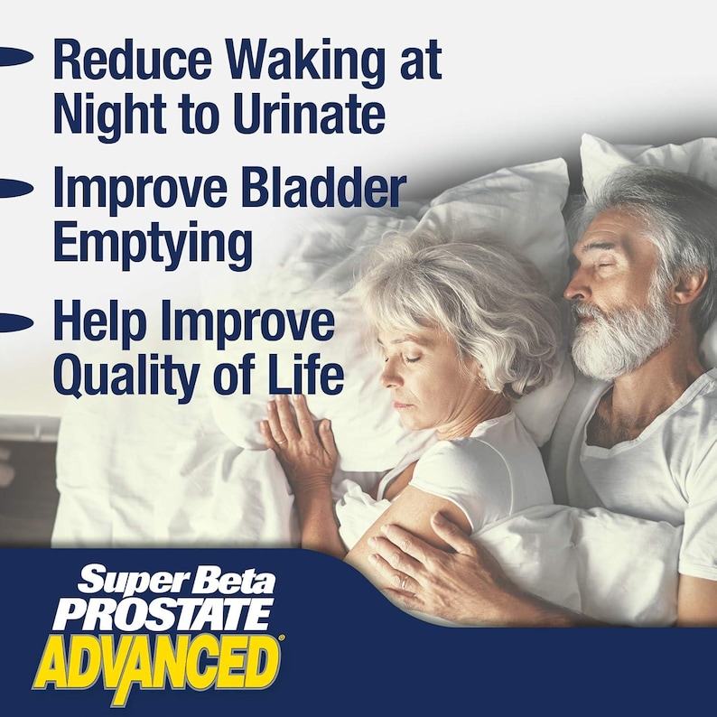 May include: Image features a couple sleeping in bed, with text overlayed. The text highlights benefits: Reduce Waking at Night to Urinate, Improve Bladder Emptying, and Help Improve Quality of Life. The product name "Super Beta Prostate Advanced" is also displayed.