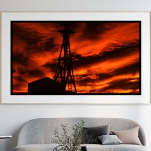 1949 Red Sunset Windmill Silhouette Photo, Dramatic Sky Landscape, Vintage Industrial Scene, Modern Wall Art, Digital Download