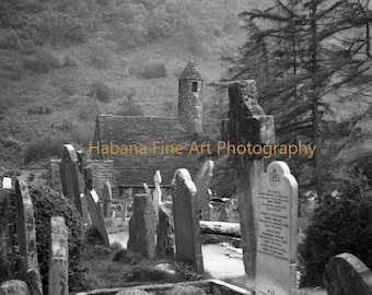 Glendalough Ireland 1940s Cemetery Photo, Ancient Monastery Ruins, Vintage Gothic Landscape, Dark Academia Wall Art, Digital Download