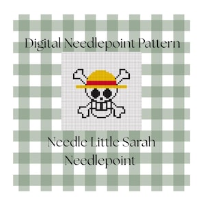 Puede incluir: Patrón de punto de aguja digital con una calavera pixelada y huesos cruzados que lleva un sombrero amarillo y rojo. El diseño está sobre un fondo blanco con un patrón de cuadros verdes y blancos. El texto incluye "Digital Needlepoint Pattern".