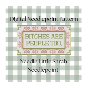 May include: Digital needlepoint pattern with the text "BITCHES ARE PEOPLE TOO" in a floral frame. The design is on a green and white checkered background. The text "Needle Little Sarah Needlepoint" is below the main design.