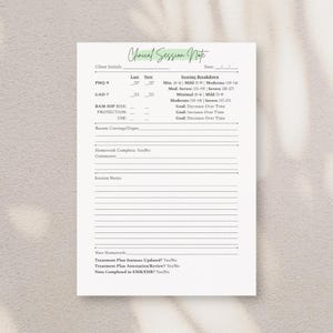 May include: A white clinical session note form with black text and a light green header. The document includes sections for client initials, date, PHQ-9 and GAD-7 scoring breakdowns, risk assessment, recent cravings, homework, and session notes.