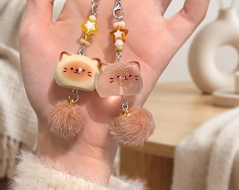 Cute Cat Keychain Set, Kawaii Kitty Phone Charm, Resin Cat Bag Charm with Fluffy Pom Pom, Cute Backpack Pendant, Gift for Cat Lovers