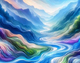 Descarga digital de cuadro mural: Río vibrante fluyendo en las montañas