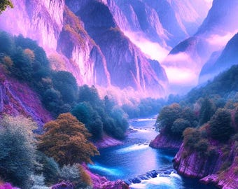 Lámina "Valle de Montaña Místico": Árboles frondosos, río serpenteante (Descarga digital)